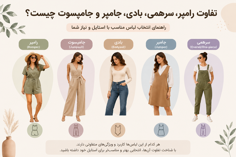 تفاوت رامپر، سرهمی، بادی، جامپر و جامپسوت چیست؟ راهنمای کامل برای انتخاب لباس مناسب